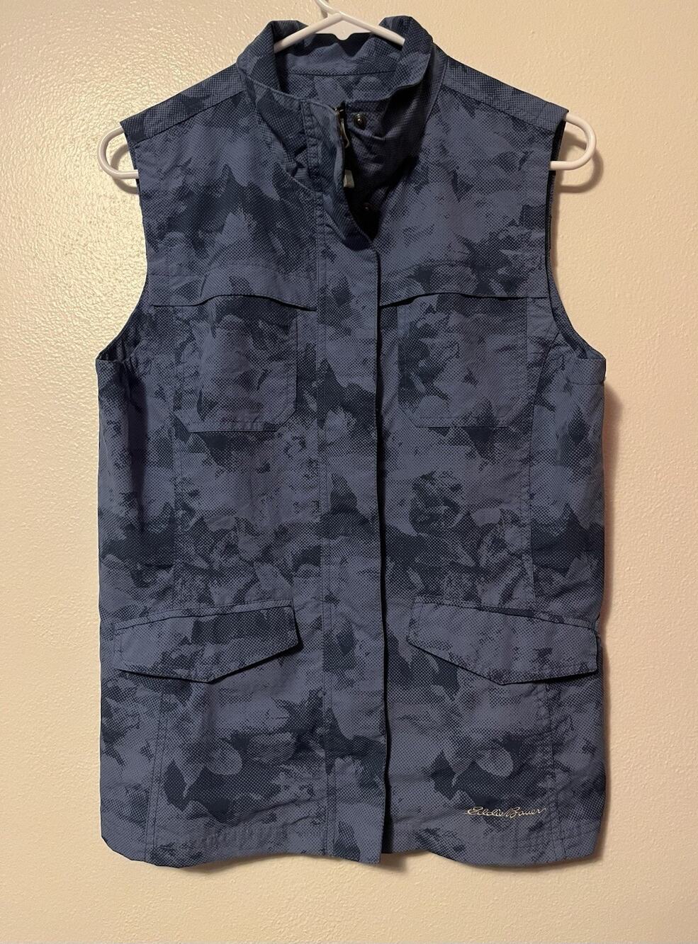 Eddie Bauer Women's Vest Blue Camo Vented Performance Utility Hiking Small